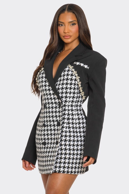 MONOCHROME HOUNDSTOOTH BLAZER DRESS