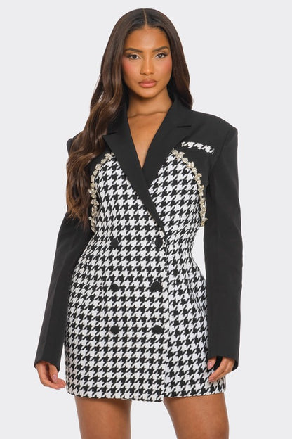 MONOCHROME HOUNDSTOOTH BLAZER DRESS