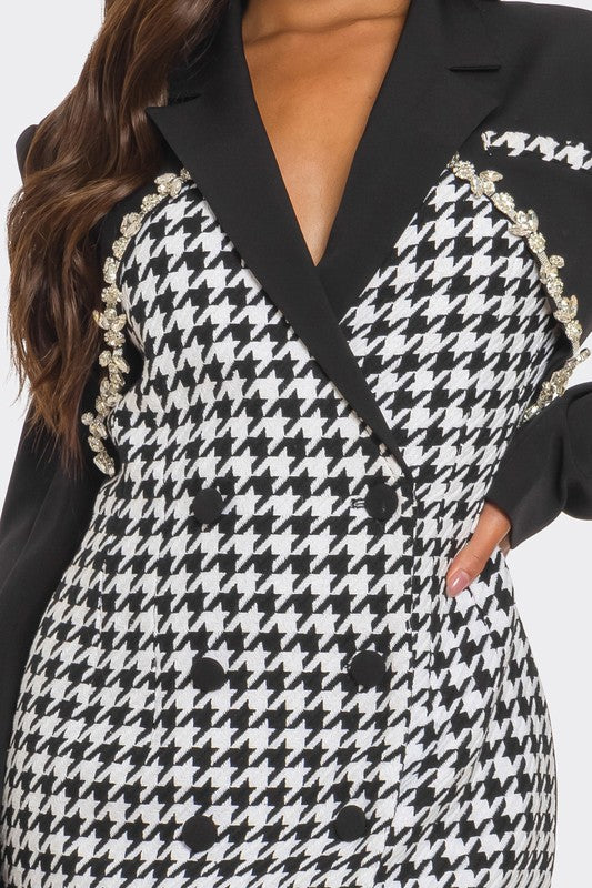 MONOCHROME HOUNDSTOOTH BLAZER DRESS