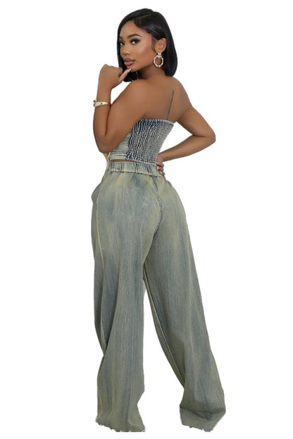 DENIM TWO PIECE PANTS SET