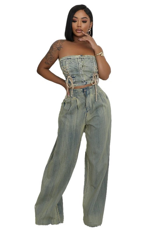 DENIM TWO PIECE PANTS SET